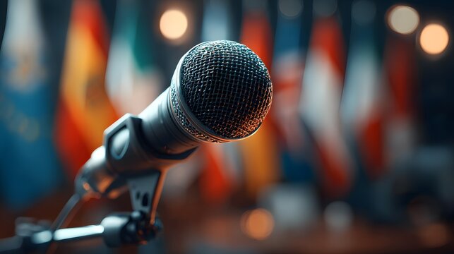 Microphone on International Stage with Flags &ndash; Global Speech and Conference Scene