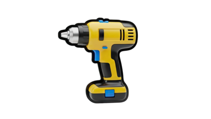 3D Yellow and black cordless drill with blue accents on transparent background