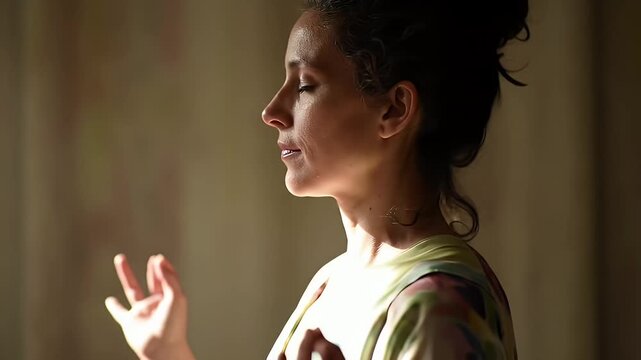 Woman in contemplation pose, profile shot, focused on inner peace and mindfulness practice