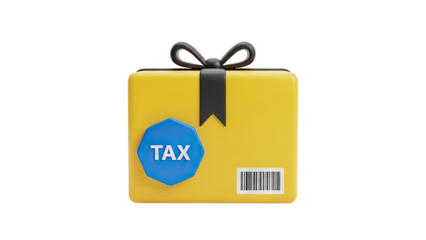 3D Yellow gift box with TAX label and barcode on transparent background