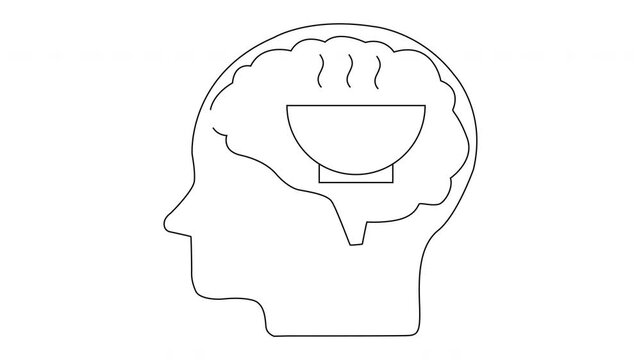 A profile outline of a head contains a brain drawing with a bowl in it