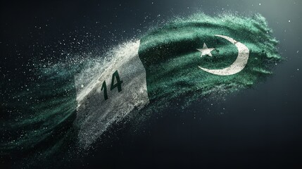 A waving green flag featuring a white crescent and star, symbolizing a nation