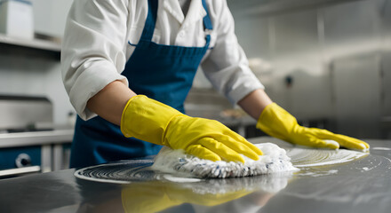 Cleaner scrubbing stainless steel kitchen counter