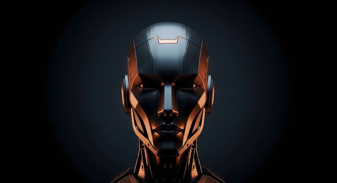 Close-up portrait of a dark metallic humanoid robot head with illuminated copper accents on a black background, representing artificial intelligence.
