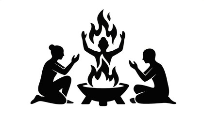 Hindu fire ritual silhouette illustration. Priests performing Yajna ceremony around a sacred flame. Vector graphic isolated on transparent background