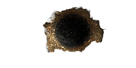 The Blast Hole: A close-up shot of a dark-colored and crater-like blast hole, highlighting the raw textures and harsh remnants of an industrial process.