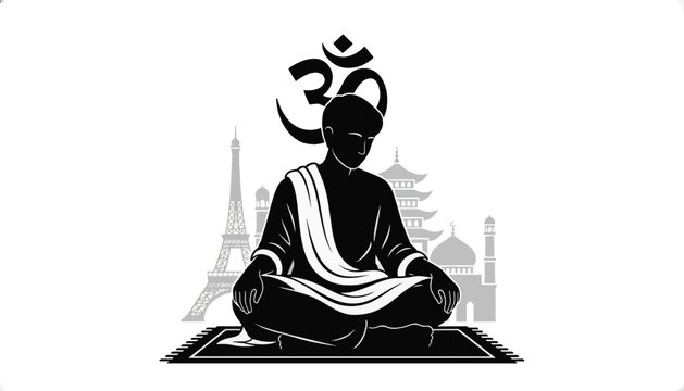 Silhouette of person meditating with Om symbol and world landmarks. Hindu spirituality and travel concept. Black vector illustration isolated on transparent background