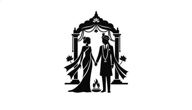Hindu wedding couple silhouette under mandap. Bride and groom holding hands with sacred fire. Traditional Indian marriage vector illustration