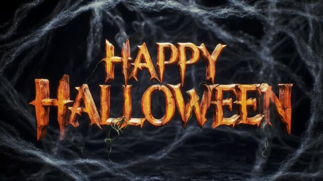 Spooky Grunge Happy Halloween Text with Spider Webs on Dark Background