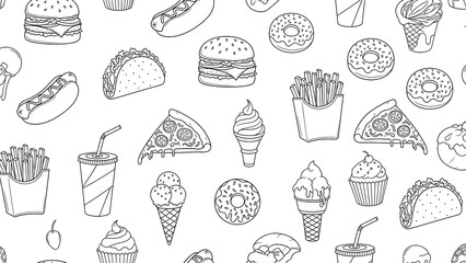 A playful, black and white seamless doodle pattern featuring popular fast food and sweet treats like burgers, pizza, hot dogs, donuts, and ice cream. 