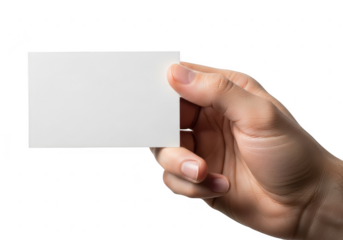 Hand holding a blank white business card isolated on transparent background