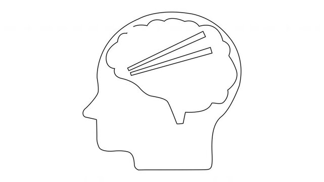 Head outline containing brain outline with two lines running through the brain