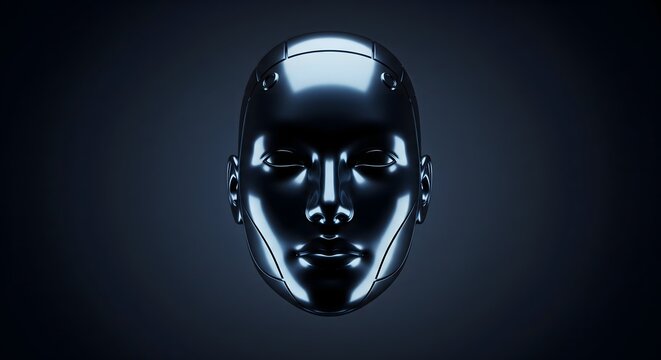 Dark chrome metallic android head illustration representing futuristic AI and deep learning technology on a gradient background.