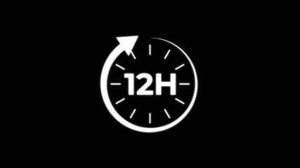 12 hours clock or time icon animation with black background. Animated 12 hour clock concept displaying 24 hour availability and service.4k 
