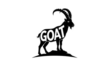 A striking black and white silhouette logo featuring a majestic goat with large horns, cleverly integrating the word 'GOAT' in its body. Perfect for branding.