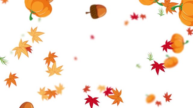 Autumn Pumpkins and Leaves Falling on White Background