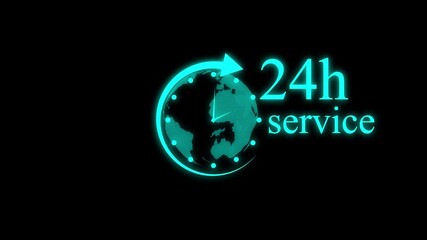 Glowing neon 24 hours service clock icon. Online customer care, live chat support, live chat support, and real-time customer assistance to ensure complete customer satisfaction.4k