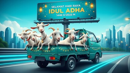Vibrant cartoon illustration for Idul Adha 1446 H/2025 M featuring happy goats riding in a green truck on a highway with a city skyline and festive billboard.