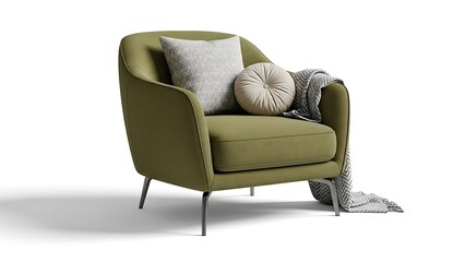 Stylish olive green armchair with elegant metal legs, complete with geometric and tufted pillows, plus a cozy throw blanket. Ideal for contemporary living spaces and comfortable lounging.