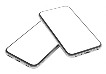 Two blank white smartphones overlapping isolated on transparent background