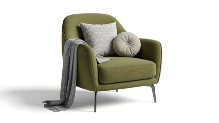 Elegant olive green armchair featuring a contemporary design, complete with decorative pillows and a cozy throw blanket. Ideal for home staging or product display.