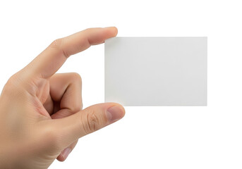 Hand holding a blank white horizontal card isolated on transparent background