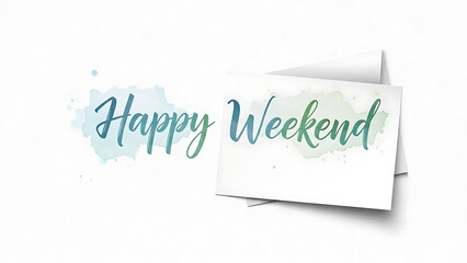 Gentle Watercolor Wash Happy Weekend Brush Script with a Blank Folded Paper Note Overlay on Textured White Paper Background