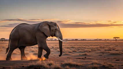 Majestic Elephant Walking Through African Savannah During Golden Hour Sunset