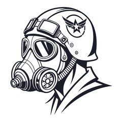Naklejka premium Black and white of pilot wearing gas mask and helmet with air force insignia 1