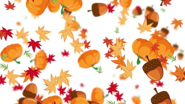 Falling Pumpkins, Acorns, and Autumn Leaves on White Background