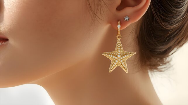 
Gold starfish shaped dangling earring worn on ear, elegant beach inspired jewelry with shiny metallic finish and coastal fashion style.
