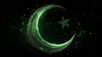 A waving green flag featuring a white crescent and star, symbolizing a nation