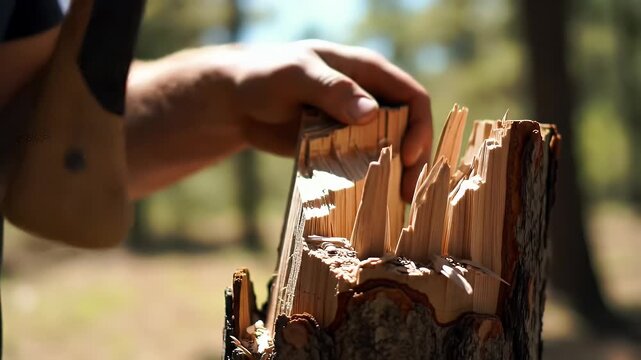 Man skillfully splitting wood log outdoors with axe, demonstrating traditional technique