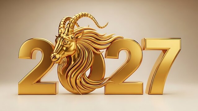 Elegant golden 2027 text featuring a majestic goat's head, symbolizing the Chinese New Year of the Goat/Ram. Perfect for festive greetings and zodiac themes.