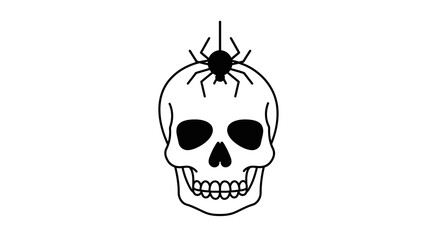 A creepy spider crawling on top of a human skull, depicted in a minimalist black and white line art style, perfect for Halloween decorations or gothic design elements