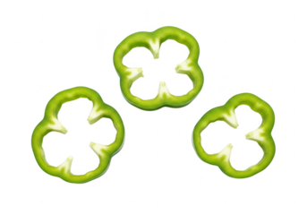 Three green bell pepper slices isolated on transparent background