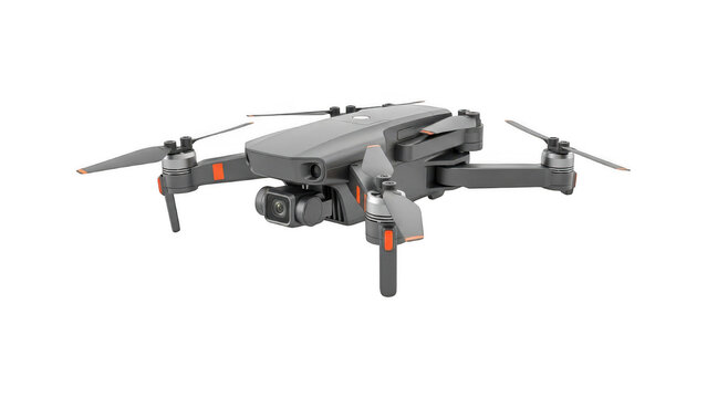 Gray drone with orange accents and propellers flying isolated on transparent background