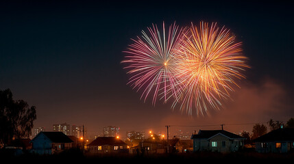 Big fireworks colorful over the city at night , christmas and new year celebration image.