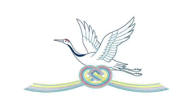 Stylized illustration of a white crane flying over a colorful mizuhiki decorative knot representing long life and happiness.