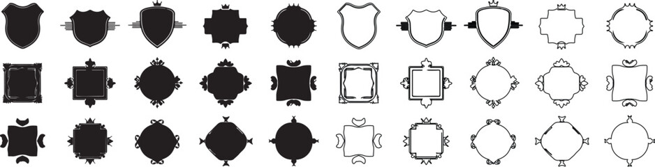 Minimalist Vector Collection of Black and Outline Badge, Shield, and Geometric Frame Shapes isolated PNG with Transparent Background