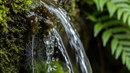 Fresh clear water flowing over vibrant green moss and rock, with delicate spiderweb catching droplets in a natural forest environment.
