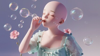 A bald child in a light blue dress blowing bubbles with pink flowers nearby