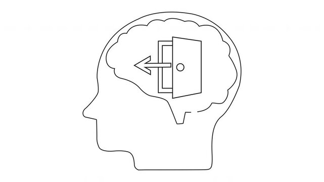 Line art Head profile with open door and arrow inside brain