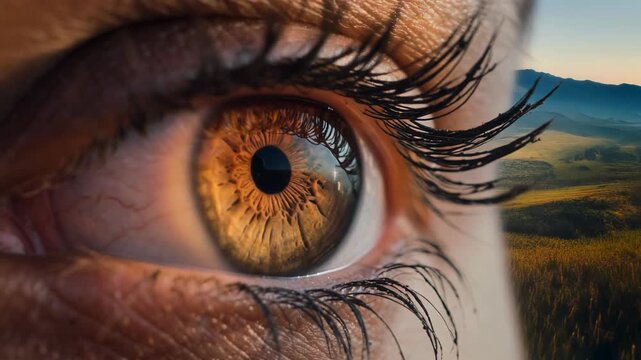 Stunning close-up of a human eye with intricate details and reflections, perfect for nature and beauty themes