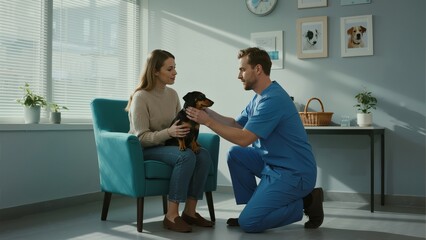 Obraz premium Veterinarian examining a small dog held by its owner in a clinic
