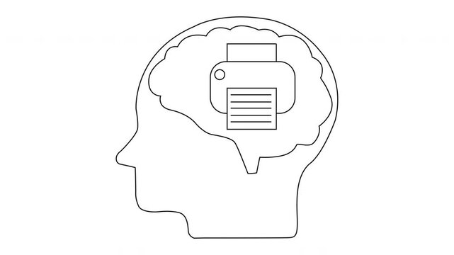 Line art of a brain shaped like a human head profile with a printer inside the brain