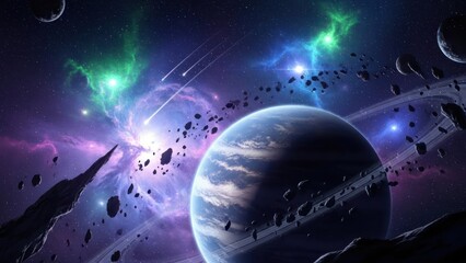 Vibrant fantasy space scene with a ringed planet, asteroid field, shooting stars, and colorful nebulae in a cosmic universe