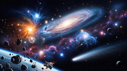 Stunning cosmic landscape with vibrant nebulae, spiral galaxies, shining stars, planets, asteroids, and a spacecraft exploring deep space.
