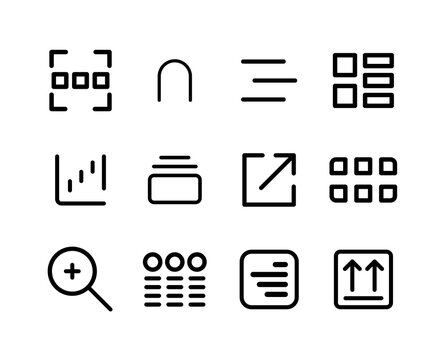 Versatile outline icon set featuring dashboard, chart, grid, list, search and file controls. Perfect for web apps, admin panels, UX kits, data visualizations and presentation assets.