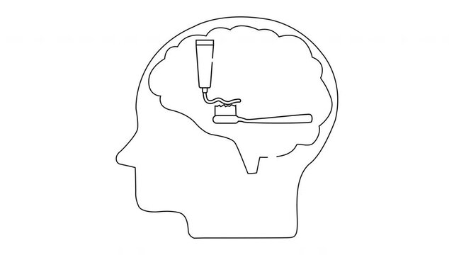 Line art of a head outline with a brain filled with a toothbrush and toothpaste
